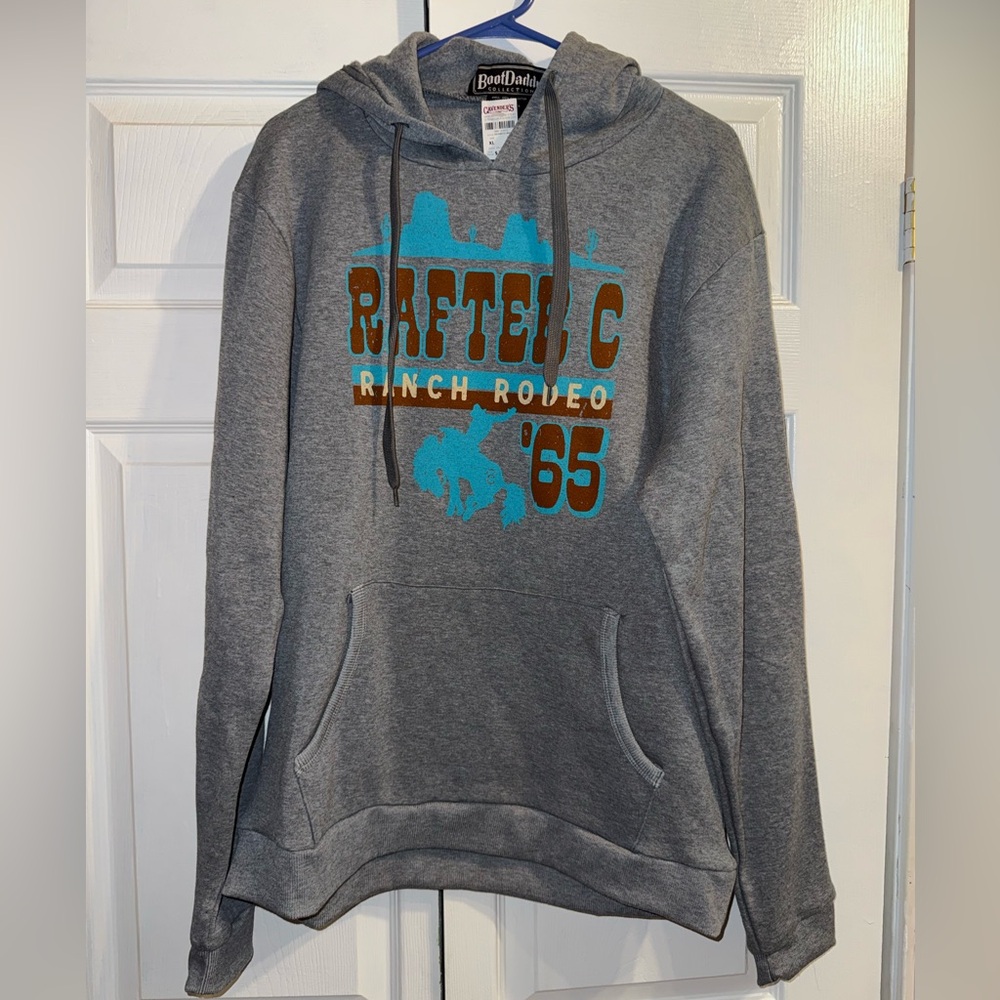 Gray Hooded Sweatshirt with Blue & Brown Graphic